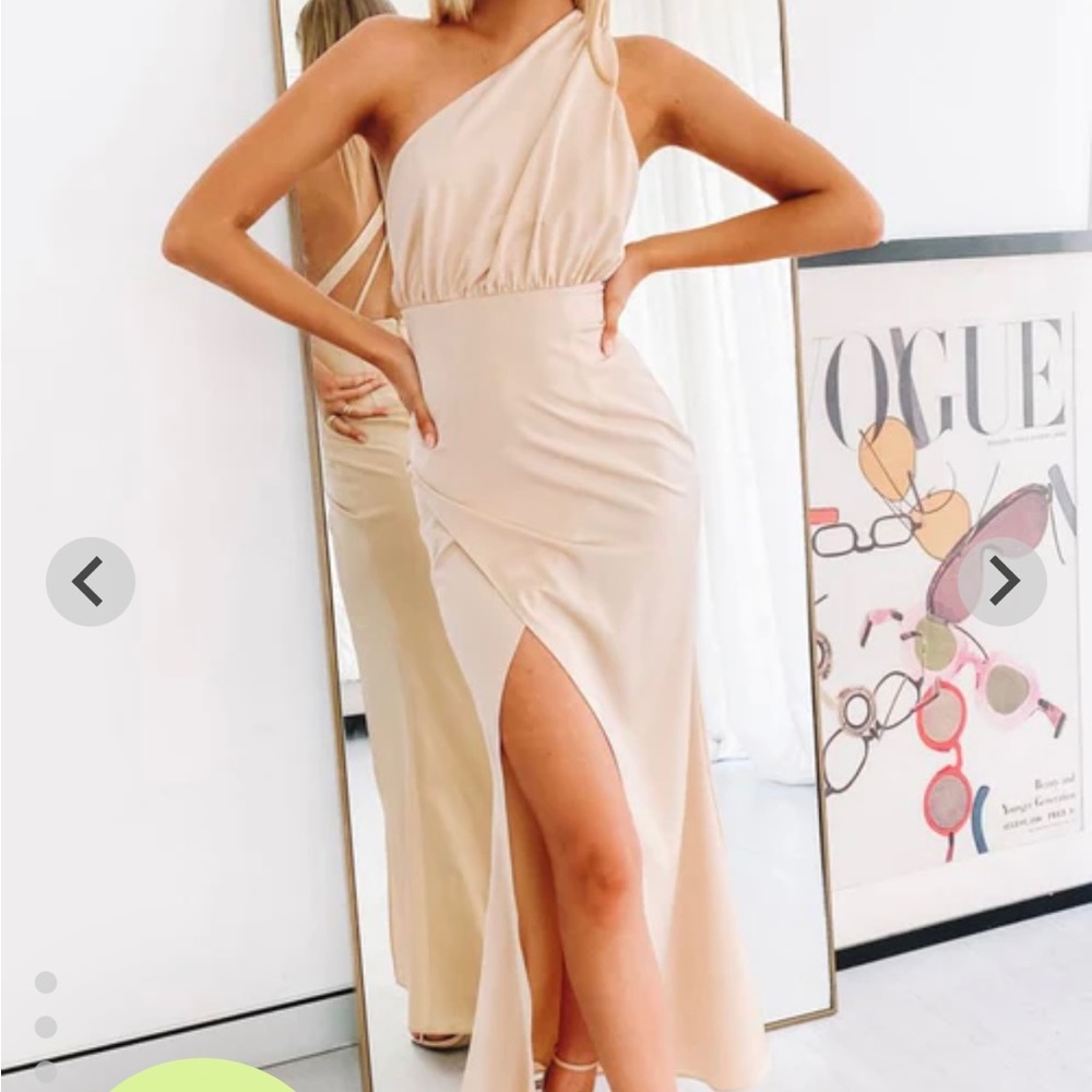 Beginning Boutique Tan Satin One Shoulder Maxi Dress